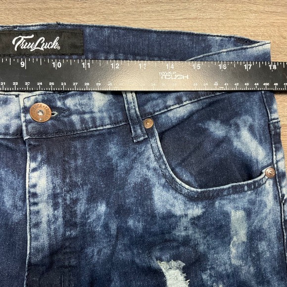 True Luck Jeans Mens 36x34 Blue Distressed Acid Wash Slim Fit Moto Biker Denim - Picture 9 of 11